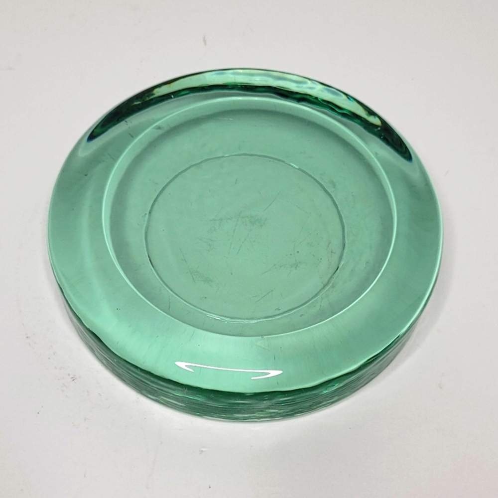 Heavy Green Glass Catchall Trinket Dish Paperweight Coaster Puck Decor